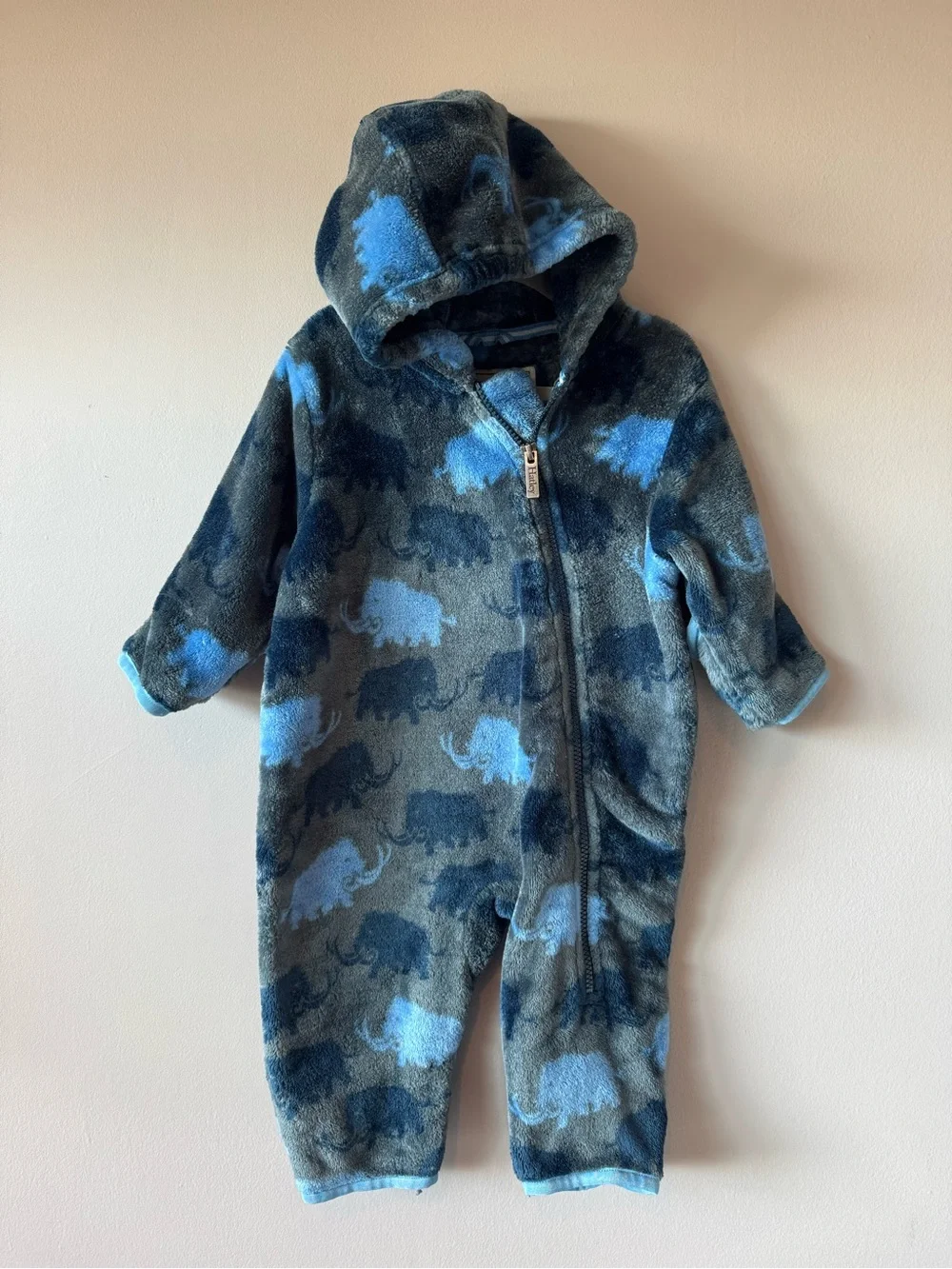 Hatley Elephant Print Hooded Pram Bunting One Piece Fleece Suit 12-18 months